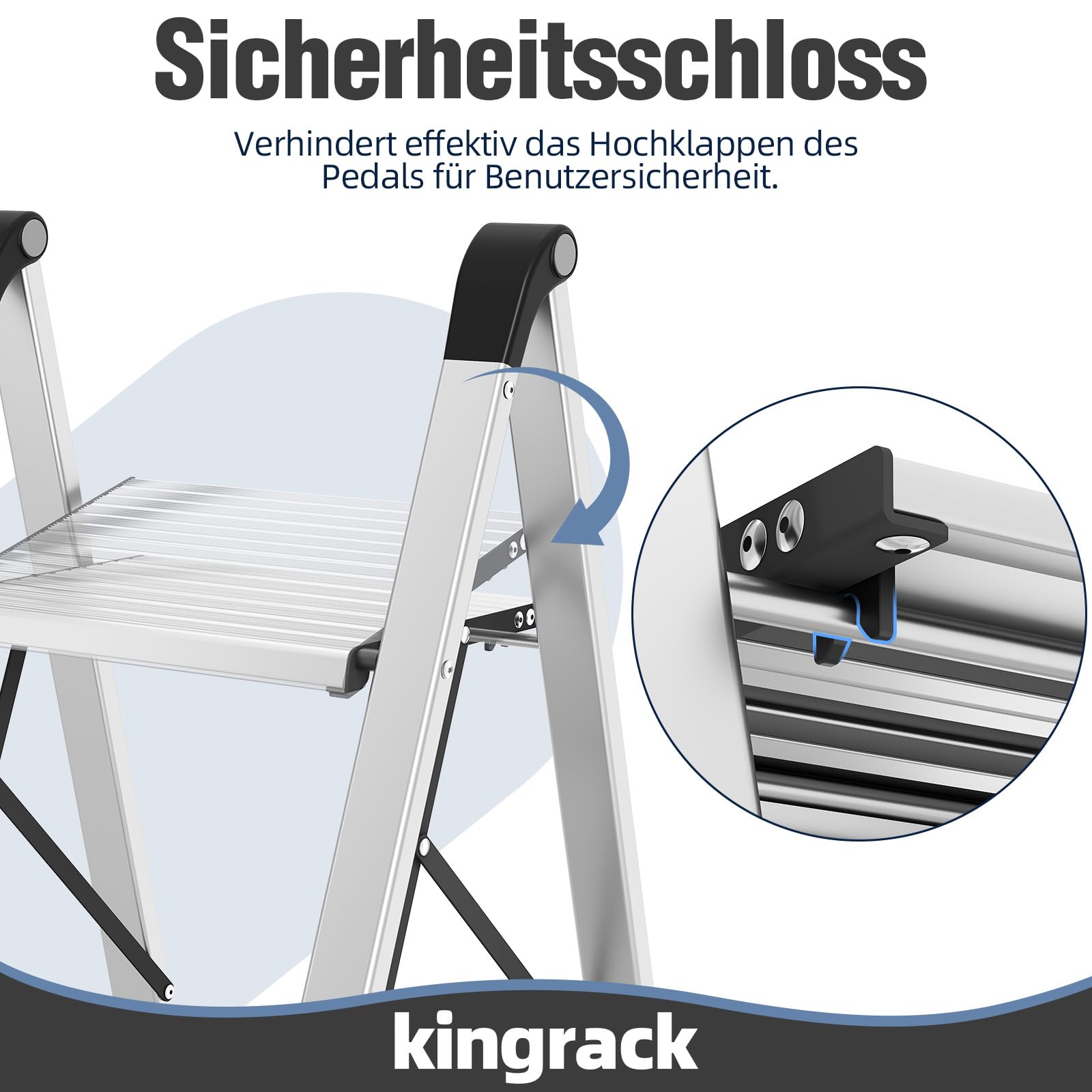 KINGRACK Trittleiter 2 Stufen Klappbar, Tritthocker aus Aluminium & Stahl | Klapptritt mit Breite rutschfeste Pedale, Sicherheitsverriegelung, bis 150kg, für Haushalt, Küche, Garage, Wohnmobil, Silber