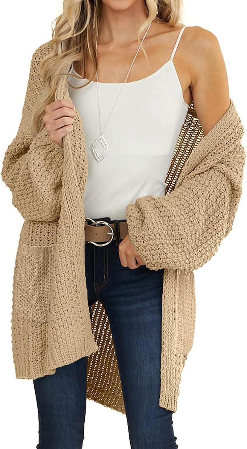 MEROKEETY Women's 2025 Fall Open Front Chunky Knit Sweater Oversized Lantern Sleeve Cardigan Outwear - Image 2