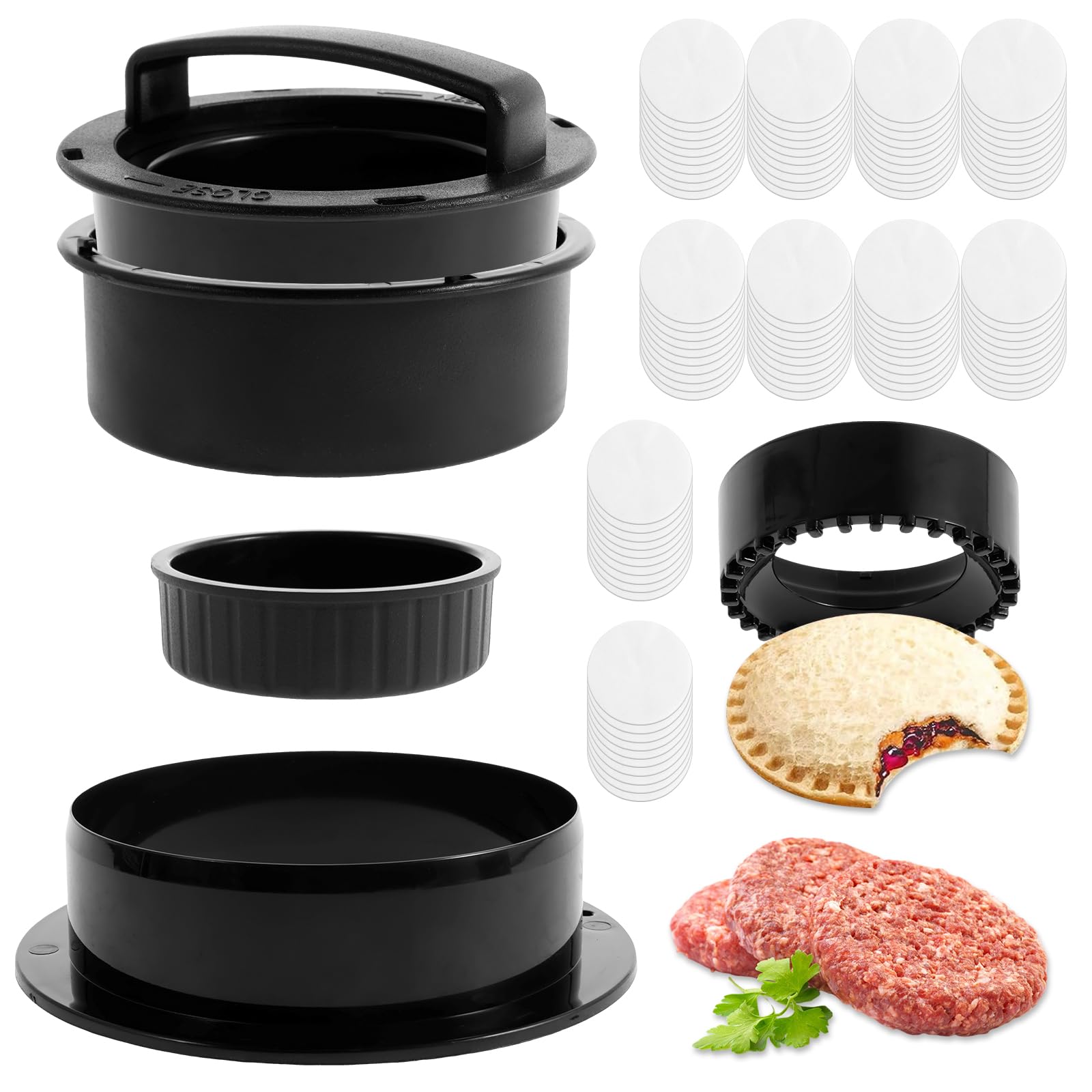 4 in 1 Burger Press Patty Maker, Sandwich Cutter and Sealer, Non-Stick Hamburger Press Patty Maker Stuffed Burgers Press with 100 Wax Papers, Sliders Beef Burger Press for BBQ Hamburger Mold Kit