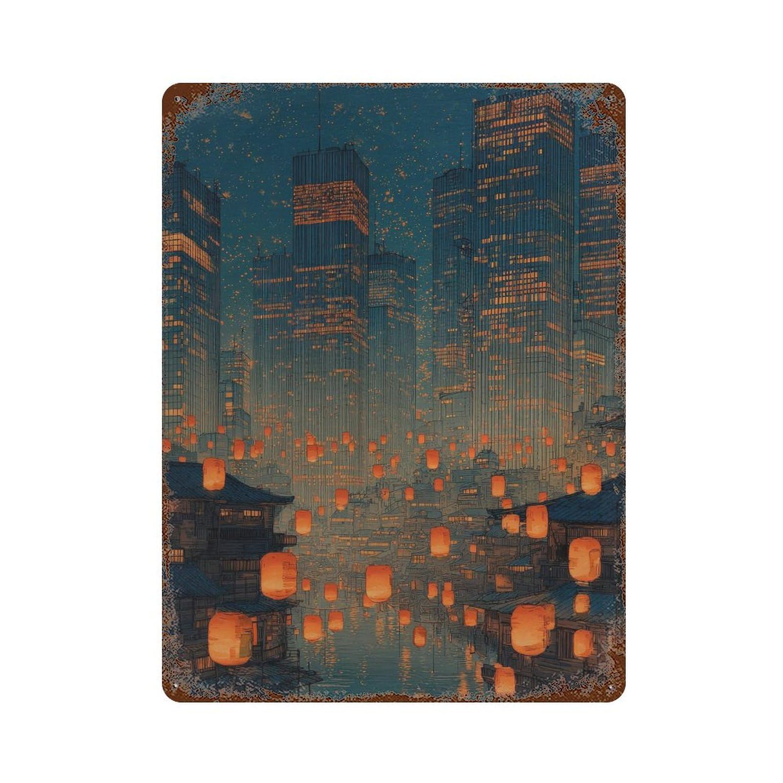 xiaoxiaoshen Cityscape Lantern Festival. Y2k Indie Decor Wall Decor Art Metal Tin Poster Modern Home Decor Art Home Bar Shop Decorations Vintage Sign 40x30cm