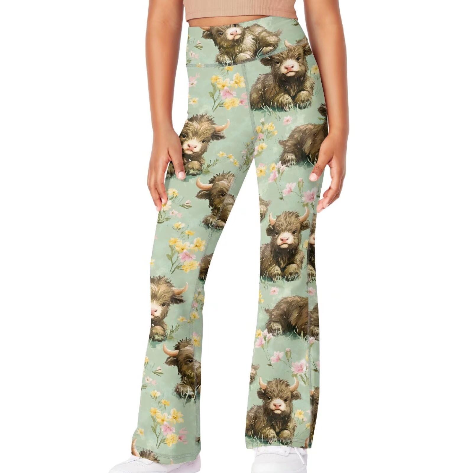 Yzaoxia Highland Cow Gym Bootcut Leggings for Girls Yoga Pants Size 9-10 Floral High Waisted Bell Bottoms Flare Legging for Kids Gym Workout Pant Athletic Running Activewear Sport Clothing Outfits