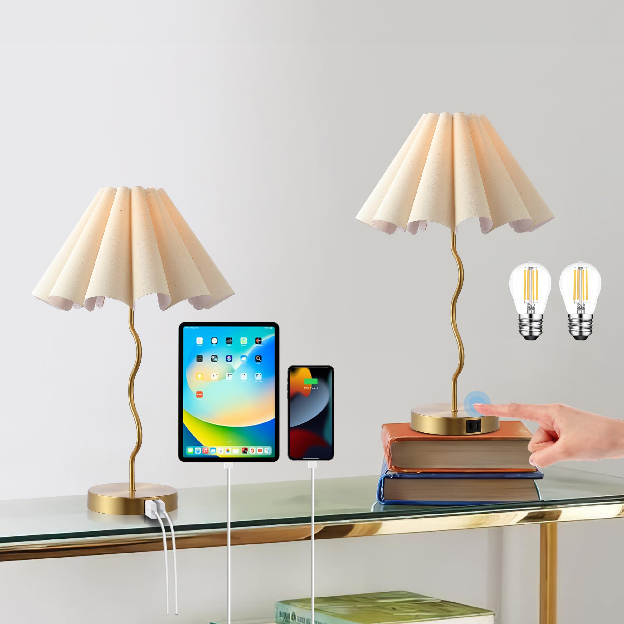 EOEYYOYB Bedside Light Simmable Touch Lamp, Set of 2 Small Lamp for Living Room,Night Light with USB Ports, 3 Way Side Lamp Room Decor Home Decor, Gold