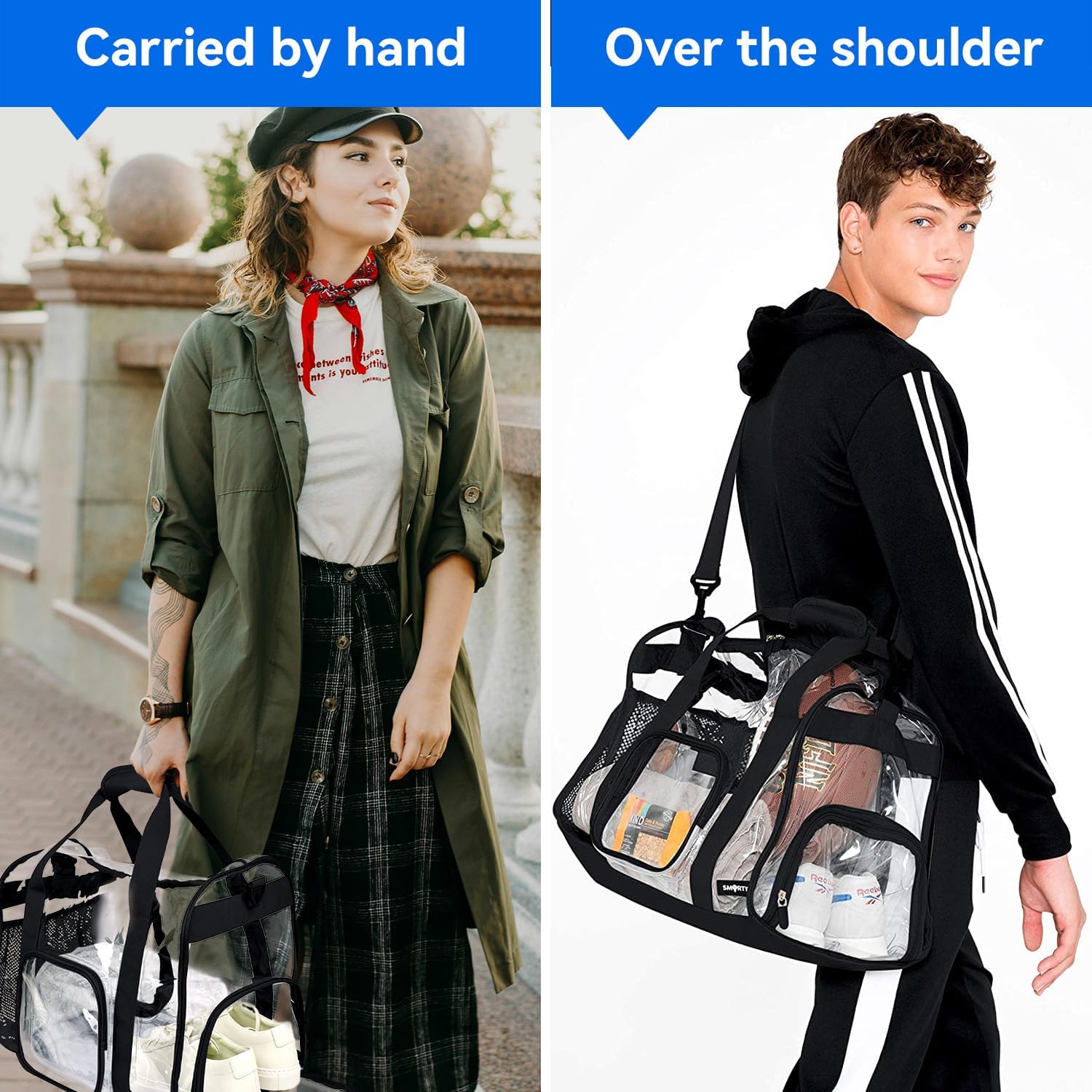 Large Transparent Bag with Shoe Compartment, Transparent Gym Bag with Adjustable Shoulder Strap for Home, Travel and Sporting Events - Black - Image 4