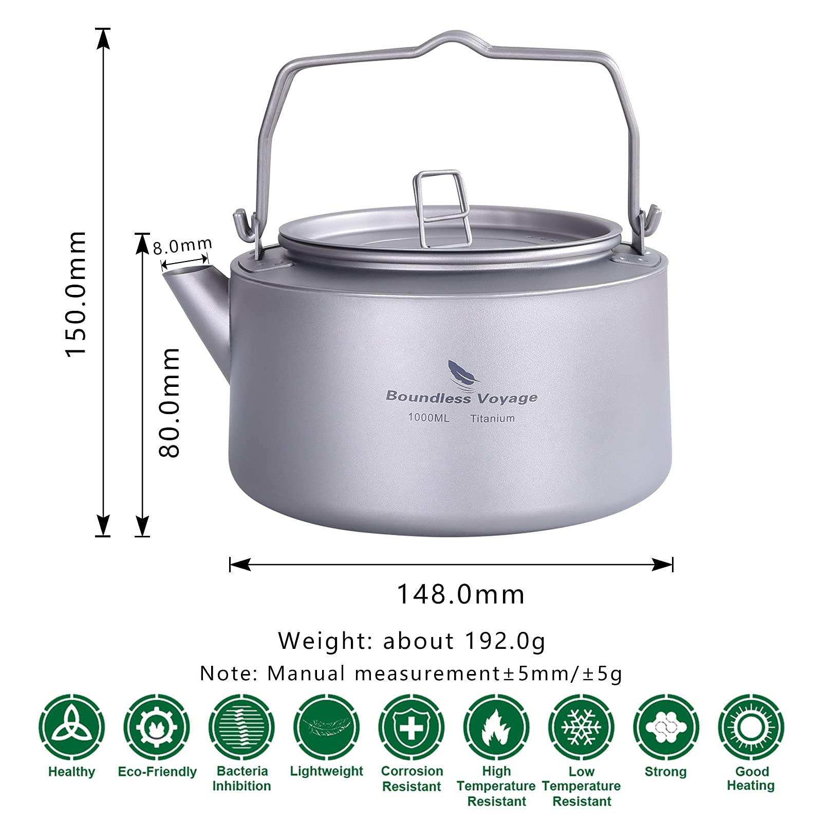 iBasingo Tetera de titanio de 1 litro para acampar gran capacidad, con mango plegable y filtro para interiores y exteriores ultraligera botella de agua duradera para senderismo cocina vajilla