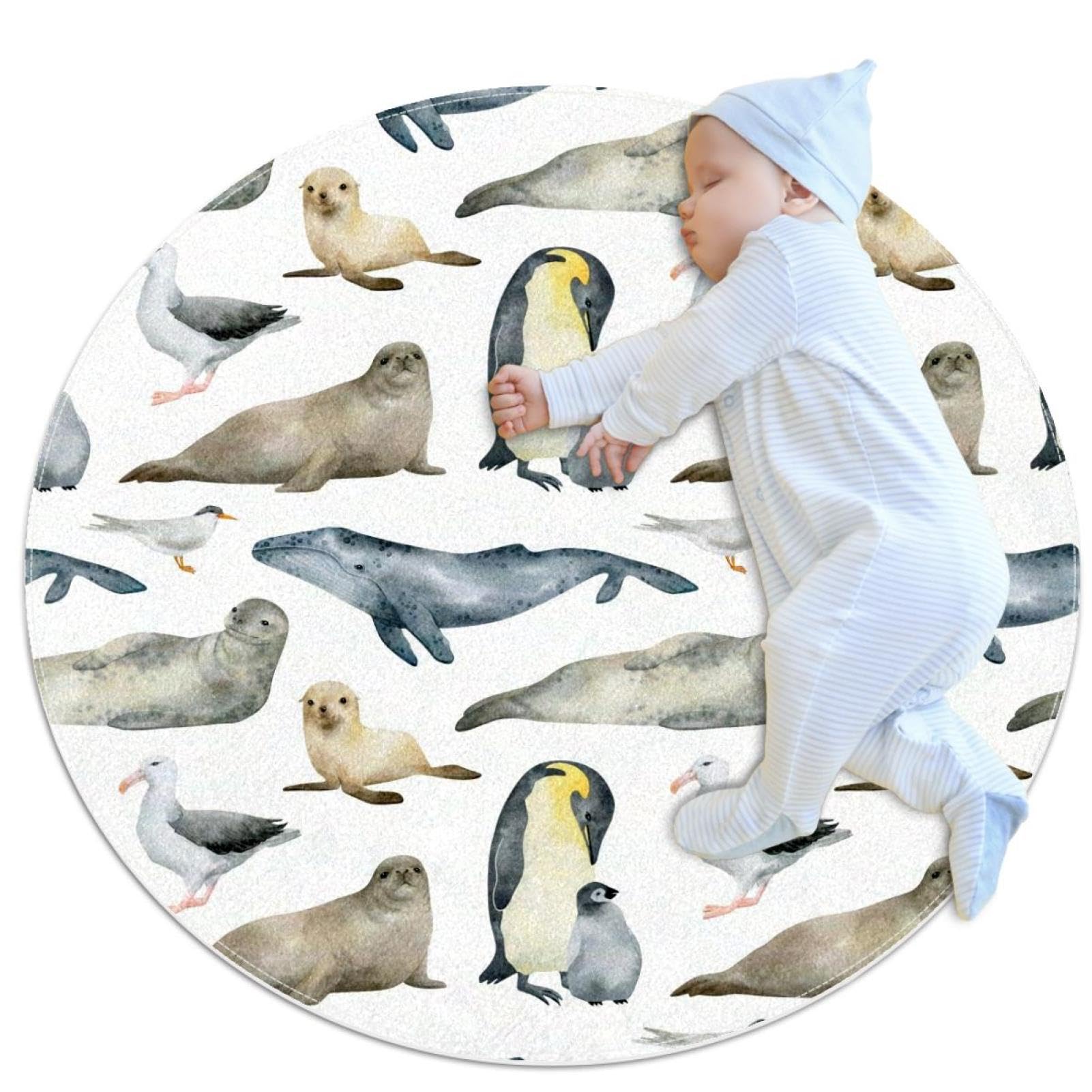 Tapis de bain antidérapant rond 1m motif pingouin et phoque pour une sécurité enfant optimale
