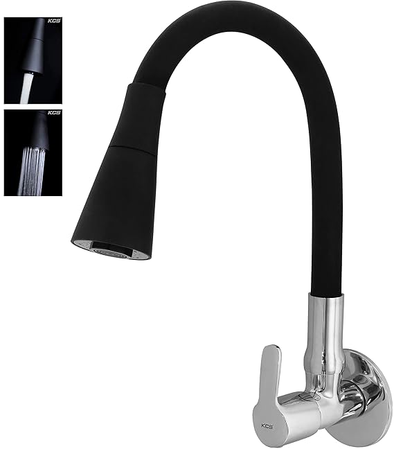 KCS-Sink Tap For Kitchen-Brass Kitchen Tap With 360 Degree&Flexible Dual Flow Matt Black Silicone Swivel Spout-Heavy Brass Made Kitchen Faucet Body-With Wall Flange(Chrome,Cosmo-Bscd-006)