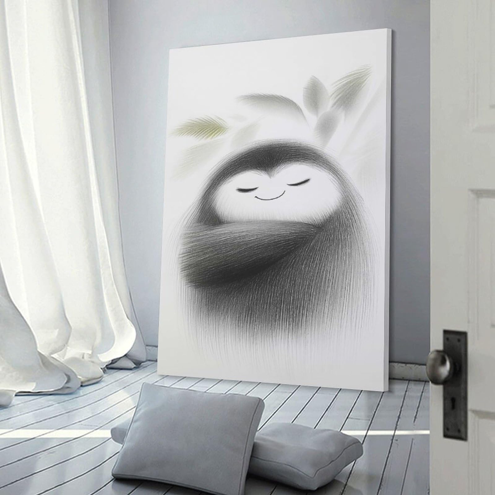 Junmoney Smiling Creature with Leaves Hanging Wall Art, 24x36inch(60x90cm), for Living Room, Bedroom, Office Or Hallway, Decorative Artwork with Broad Appeal