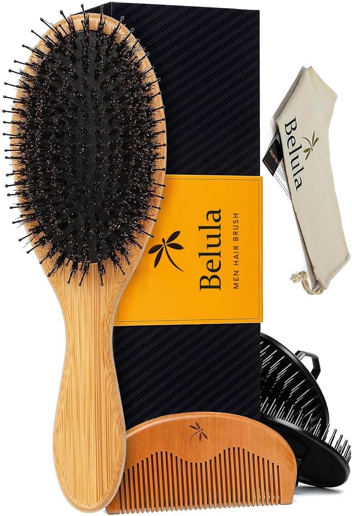 Belula Men's Hair Grooming Set: Boar Bristle Brush, Nylon Pin Brush, Wooden Comb, and Travel Bag for Styling