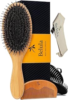 Belula Men's Hair Grooming Set: Boar Bristle Brush, Nylon Pin Brush, Wooden Comb, and Travel Bag for Styling