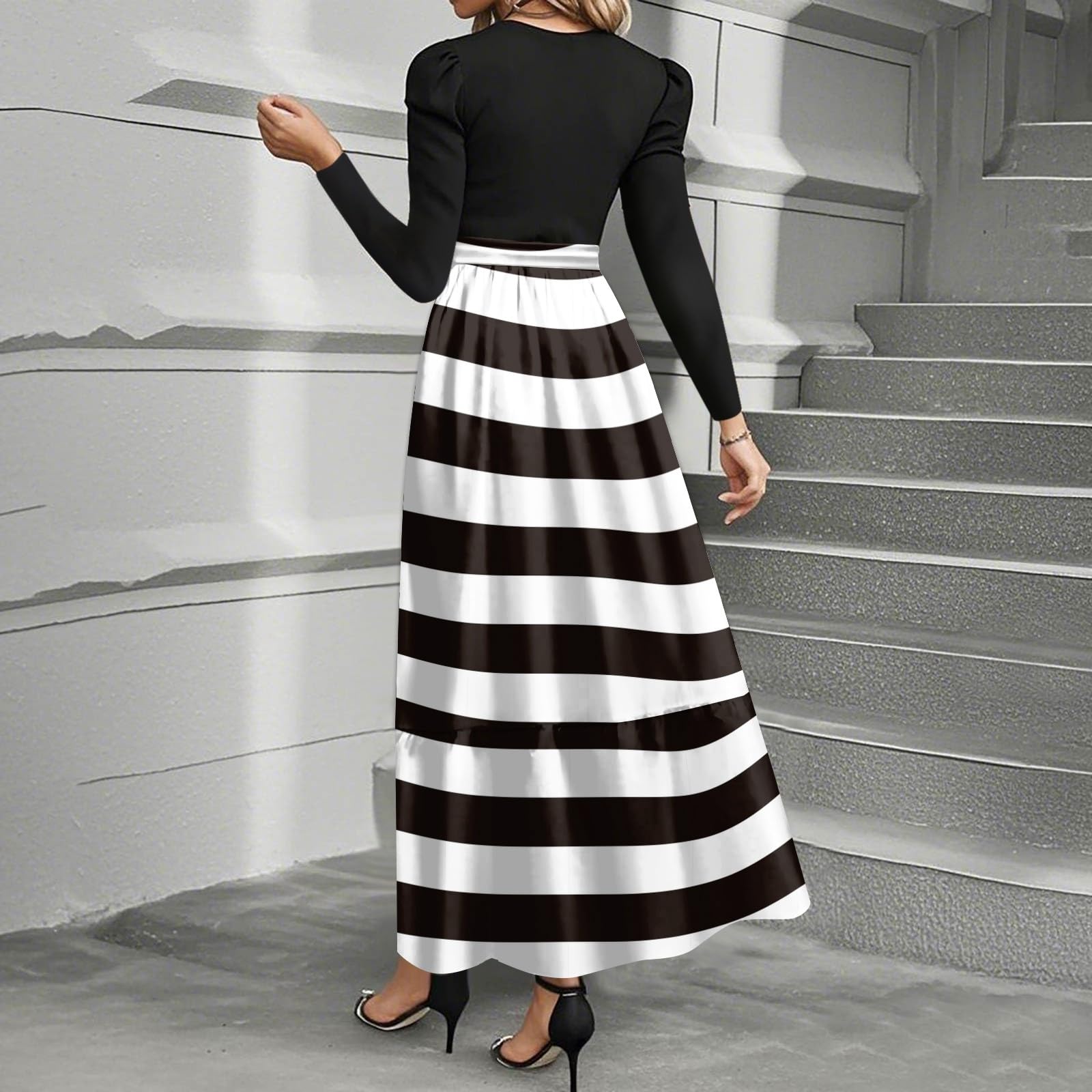 Vestidos de verano para mujer, hasta la rodilla, vestidos de verano de manga larga | Vestido de otoño con cuello redondo y ligero, elegante, entallado, elegante, de vacaciones, de manga larga