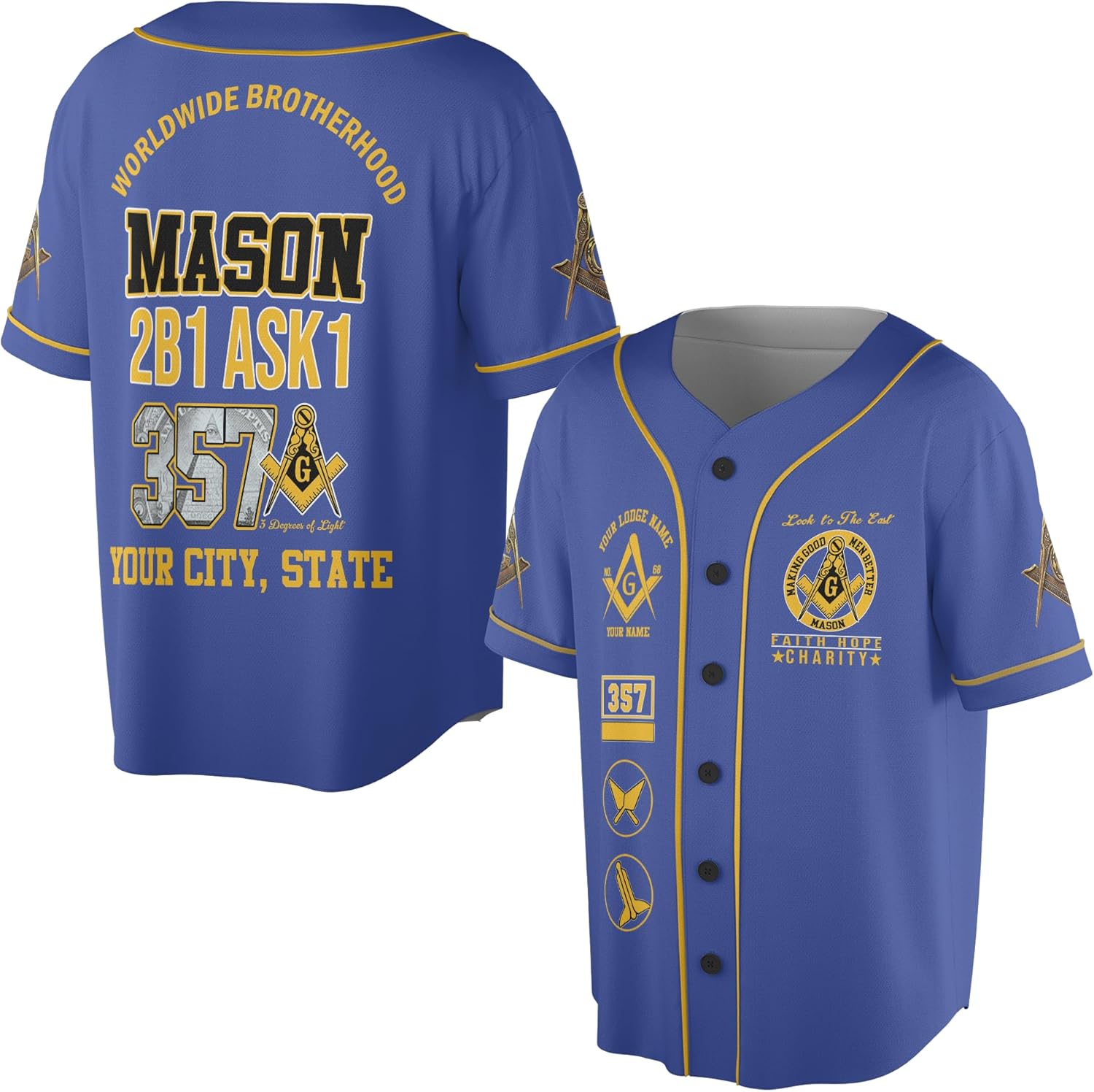 Customize Name, Lodge Name Masonic Worldwide Brotherhood Mason 2B1 Ask1 357 Freemason 3D Baseball Jersey S-5XL