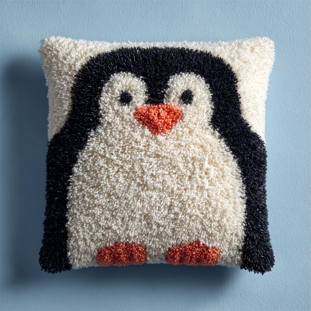 Latch Hook Pillowcase Embroidery Kit,Penguin Latch Hook Cushion Cover for Adults and Beginners, 17X17 Inch Embroidery Kits 43X43Cm,DIY Needlework Pillow Cover Cushion Rug Making Kit, DIY CRA