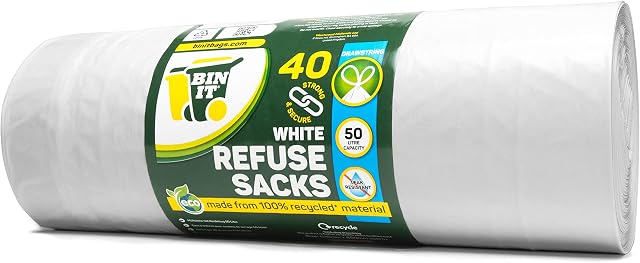 BIN IT 40 White Drawstring 50L Strong & Secure, Refuse Sacks, Bin Bags, Bin Liners, Recycled, Tear Resistant, 30 μm, Perfect for Everyday Use, Household, Office, Kitchen & Caterers