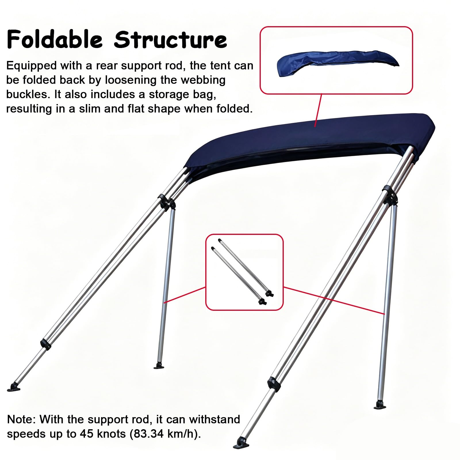 Tendalino Barca a 4 Archi, Ombreggiatura per Barche, Tessuto Oxford 800D, Telaio in Alluminio, 2 Pali di Supporto Posteriori, 2 Cinghie, Custodia Inclusa(Red,190-210cm/75-82in)