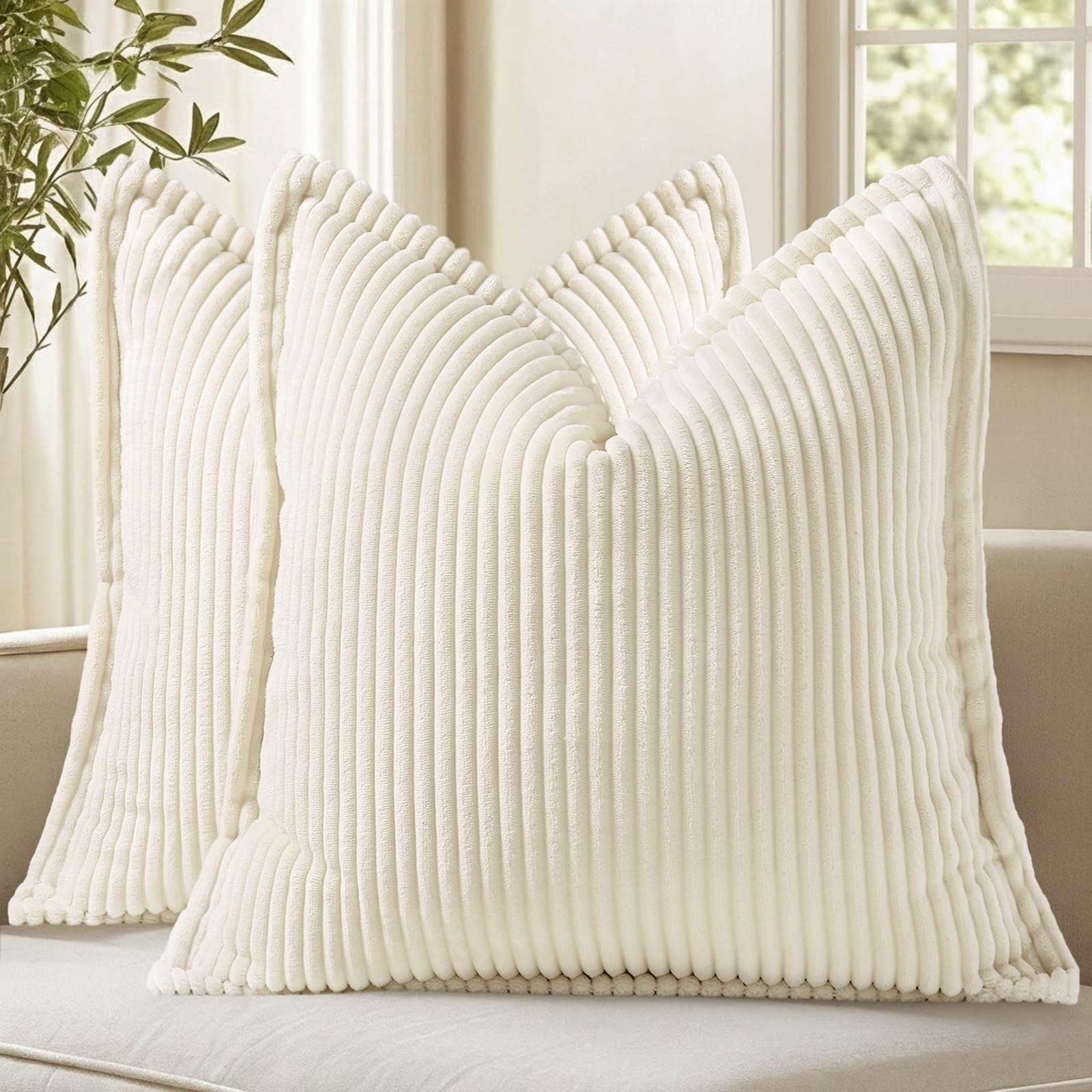 decorUhome Summer Corduroy Cream White Throw Pillow Covers 18x18 Set of 2 Decorative Soft Boho Farmhouse Couch Pillow Covers for Living Room Bed Sofa Broadside Striped Pillow Cases