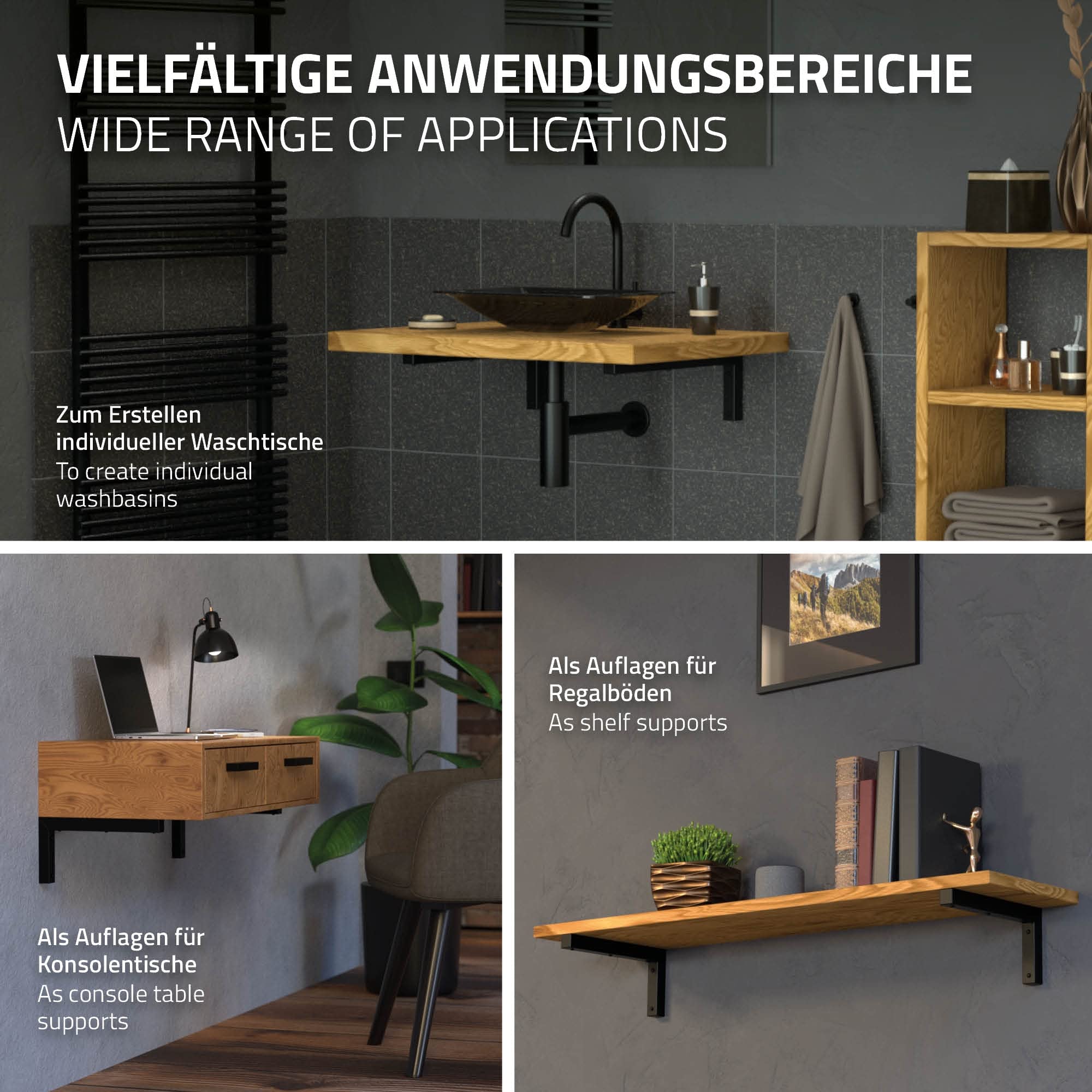 ML-Design Set di 2 Staffe a Muro Design ad L 450 x 150 mm in Acciaio Nero Supporti per Scaffali Aperti Mensole Telaio Lavabo Bagno Scrivania Mobili Reggimensola da Parete incl. Materiale di Montaggio