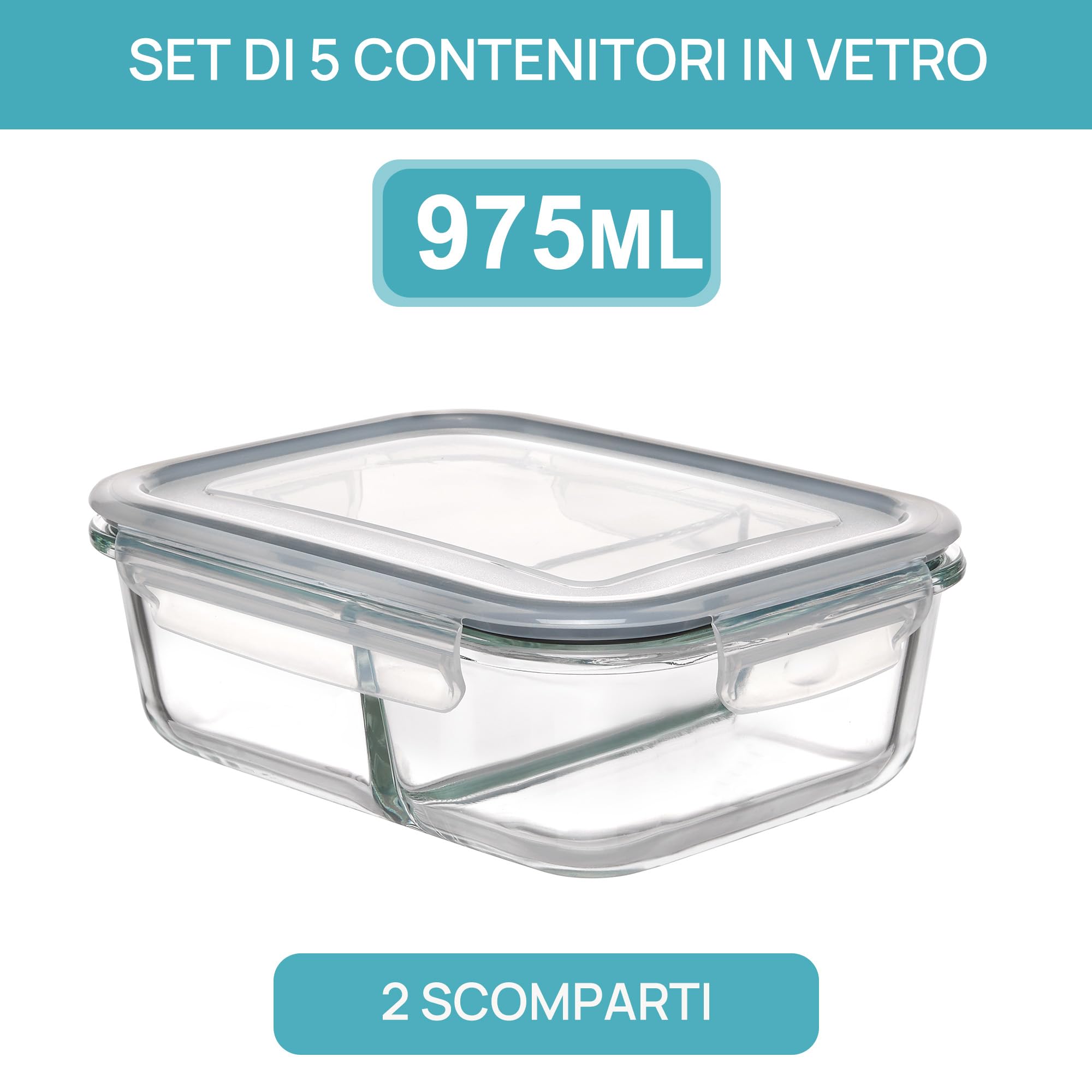 Vtopmart Set di 5 Contenitori Vetro per Alimenti Con 2 Scomparti, Porta Pranzo Vetro con Coperchio, Contenitori Ermetici per Alimenti,Adatti A Freezer, Microonde E Lavastoviglie, Senza BPA