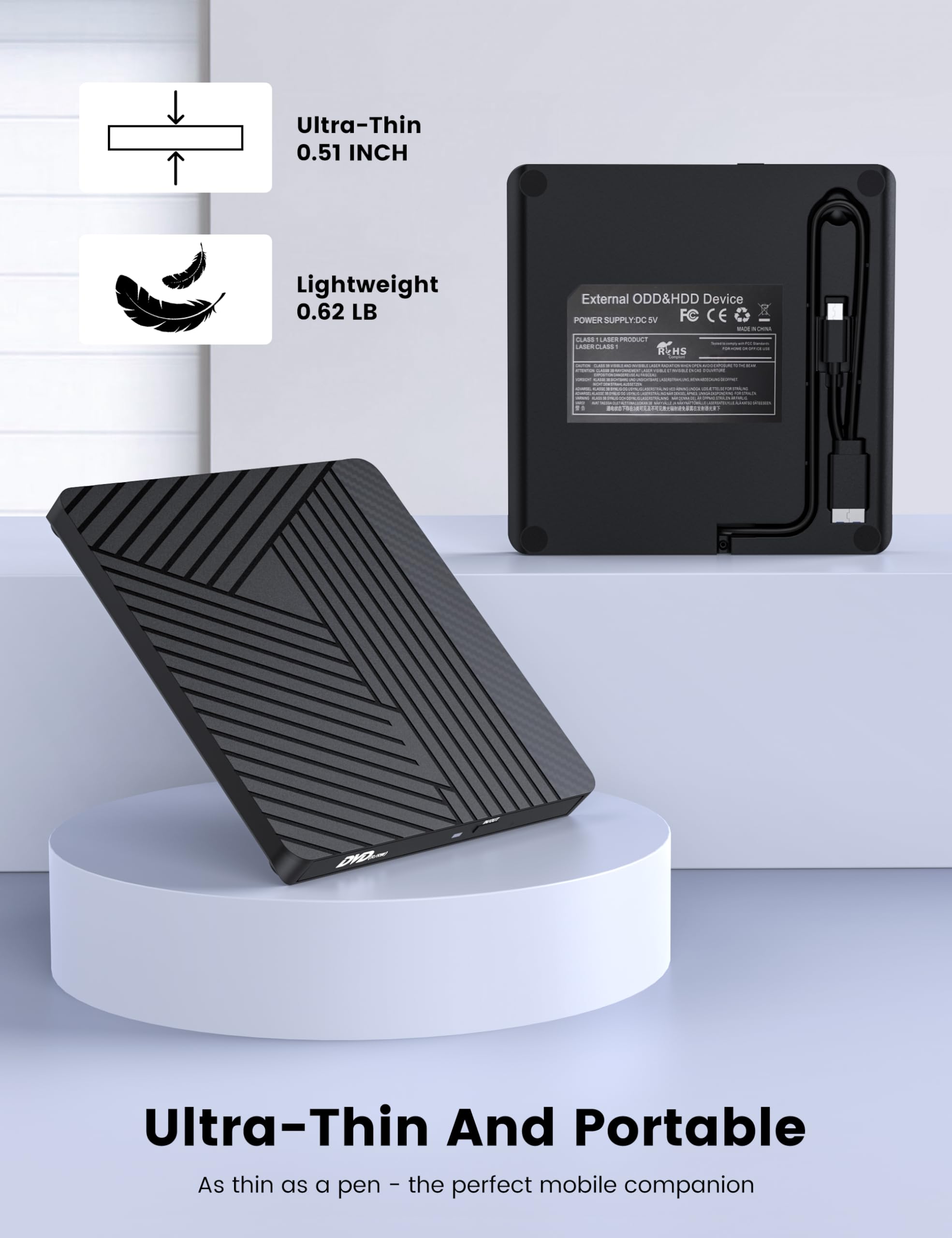 MOSWAG CD DVD Drive Esterno, USB 3.0 e USB C CD/DVD Burner +/-RW Unità Ottica, DVD Sottile Portatile CD ROM Riscrittore Scrittore Duplicatore per Desktop, Windows 11/10 PC MacBook Pro Linux PC