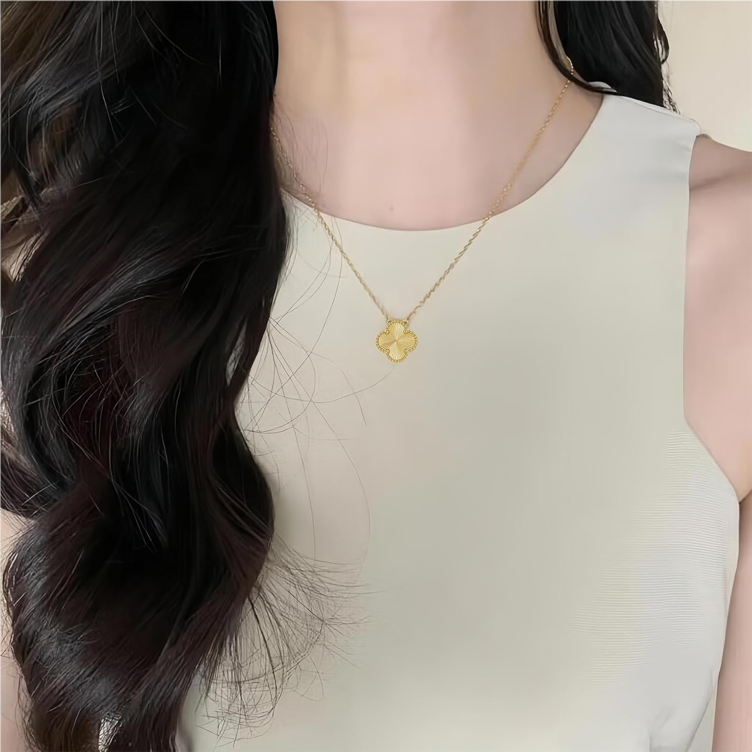 Real 18K Gold Plated Necklaces for Women (Double Sided) Dainty Pendant Necklace Set (High Tarnish & Water Resistant) Trendy Four Leaf Cute Lucky Clover Jewelry Gifts for Women, Black White Gold