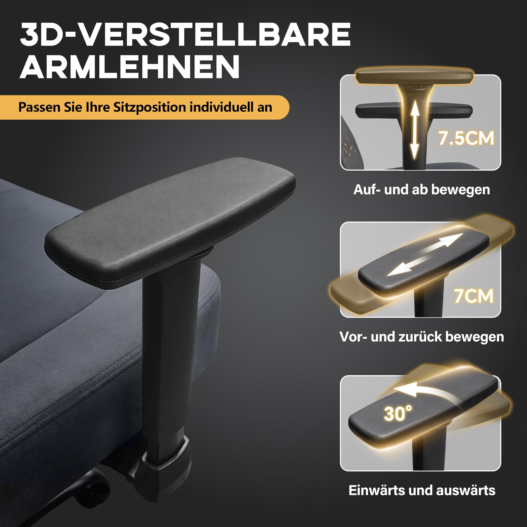 Gaming Stuhl Gamer Sessel wildlederartiger Stoff 3D-Armlehnen neigbare Rückenlehne höhenverstellbarer Sitz ausziehbare Fußstütze Lenden- & Kopfstütze 220 kg Belastbarkeit Grau