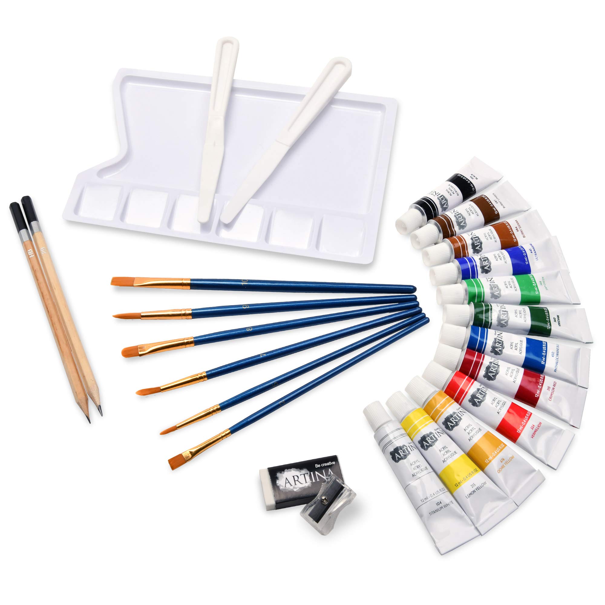 Artina – Kit de pintura 30 piezas con caballete de madera Barcelona + bastidores set Santorini – Set de acrílicos, pinceles y lienzos hasta 120cm, para iniciación y artistas aficionados