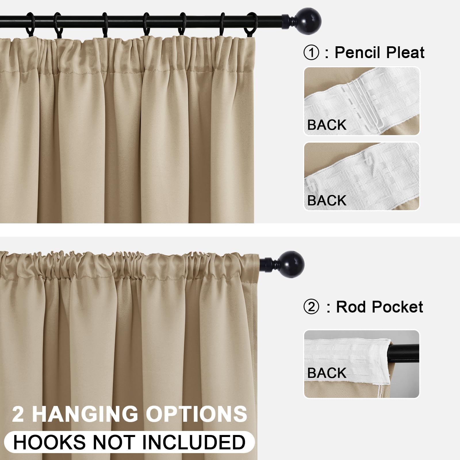 DWCN Set van 2 Verduisterende Gordijnen Plooiband met Riemen, 117x228 cm (B x H), Gordijn Warmte-isolerend, Kant en Klaar, in Polyester Gordijnen voor Slaapkamer, Crème Beige
