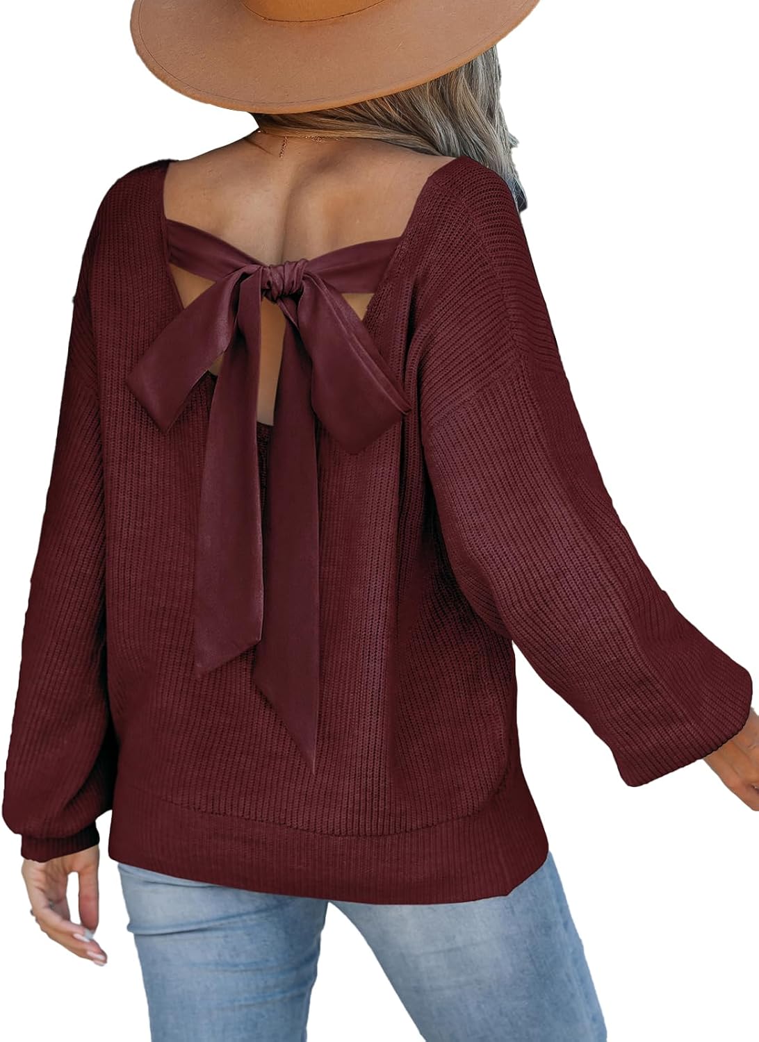 CUPSHE Womens Sweaters Bow Back Long Sleeve Sweater V Neck Lightweight Knit Pullover Sweater Tops