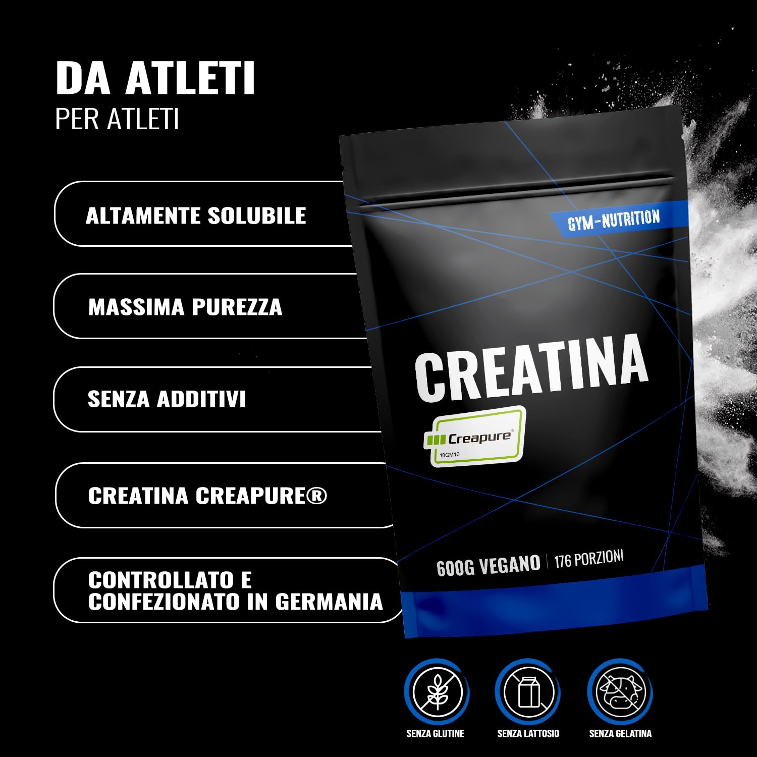Creatina Creapure® in Polvere – 600 g – 176 Porzioni – Creatina Monoidrata Creapure – Vegana – Prodotta in Germania – Creatine Monohydrate