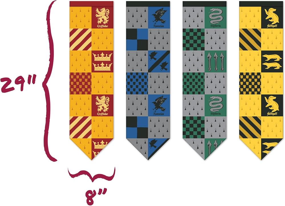 Conquest Journals Harry Potter Small Hogwarts House Quidditch Flags, Set of 4, Polyester, 8'' x 29'', Gryffindor, Slytherin, Ravenclaw & Hufflepuff Banners, Party and Wall Decor, Officially Licensed