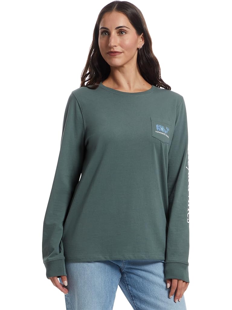 Green Vineyard Vines Edie Floral Dynamic Whale Fill Long-sleeve Pocket Tee