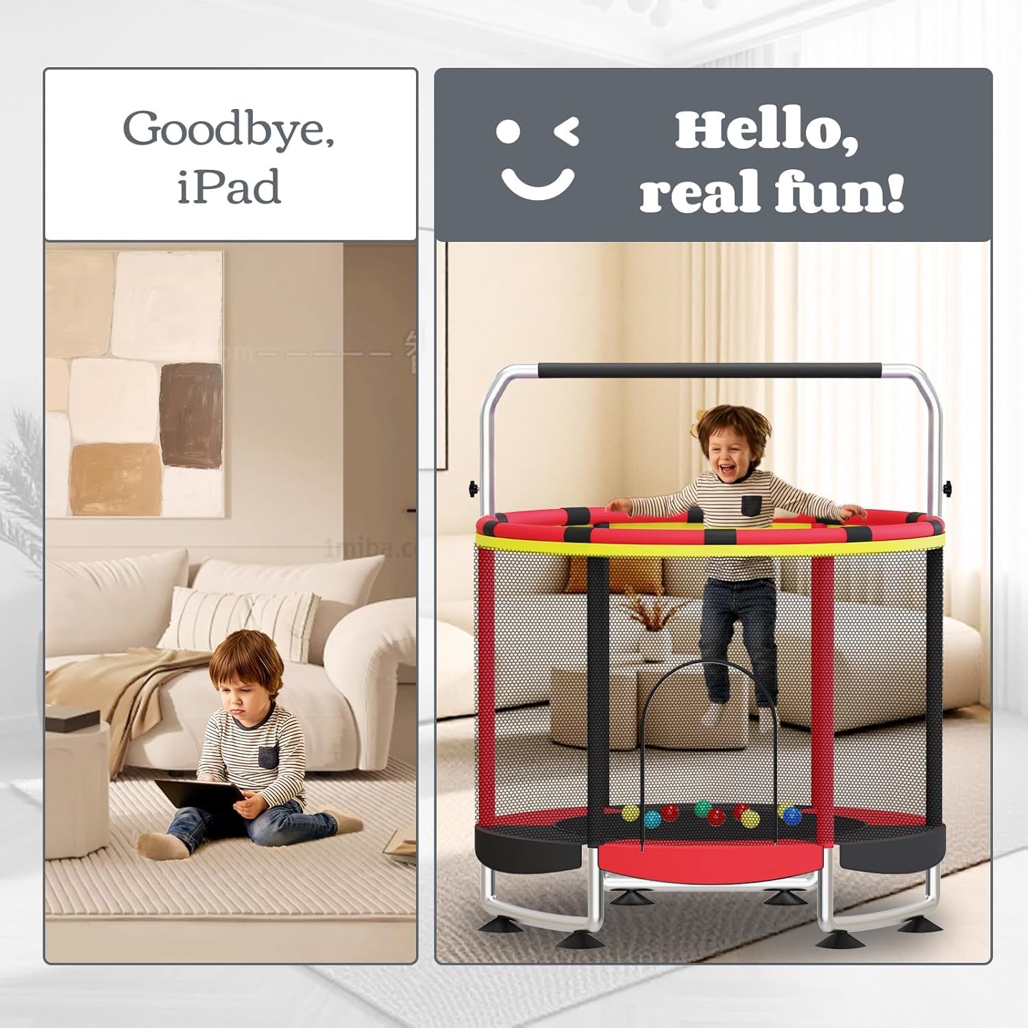55 Zoll Trampolin für Kinder, 5-in-1 Kleinkind Trampolin Innen & Außen mit Verstellbarer Gymnastikstange und Spielzeug, Geschenk für Jungen und Mädchen 3–8 Jahre
