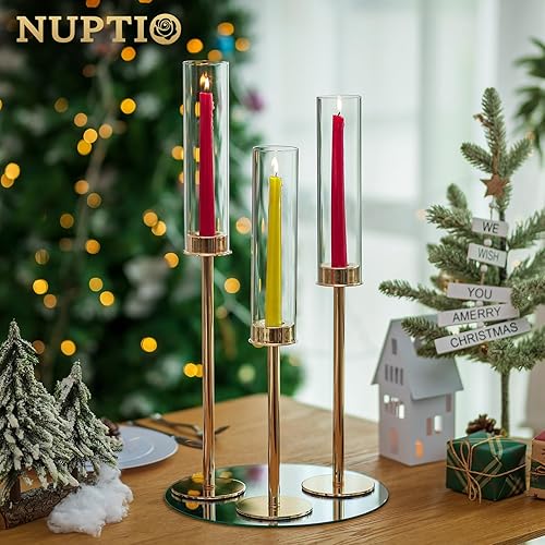 Miniatura 2 de NUPTIO Portavelas cónicos dorados: juego de 3 candelabros altos de huracán con tapas de vidrio transparente de extremo abierto, soporte de vela