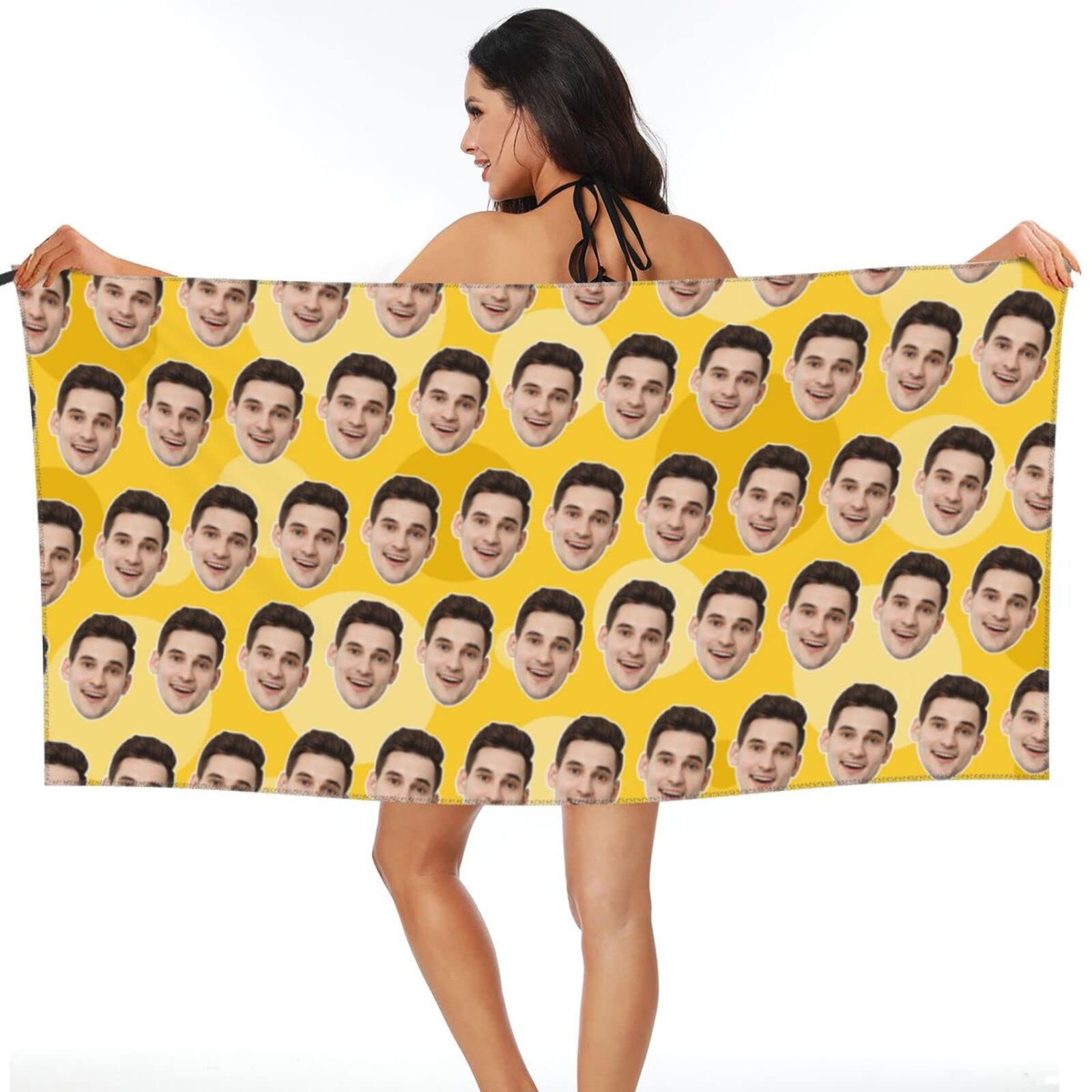 2Pcs Personalised Bath Towel, Personalized Microfibre Beach Towels with Photo Face Custom Quick Dry Towels for Travel Swimming Camping Holiday Customised Super Absorbent Sand Free Towel Color - Gold