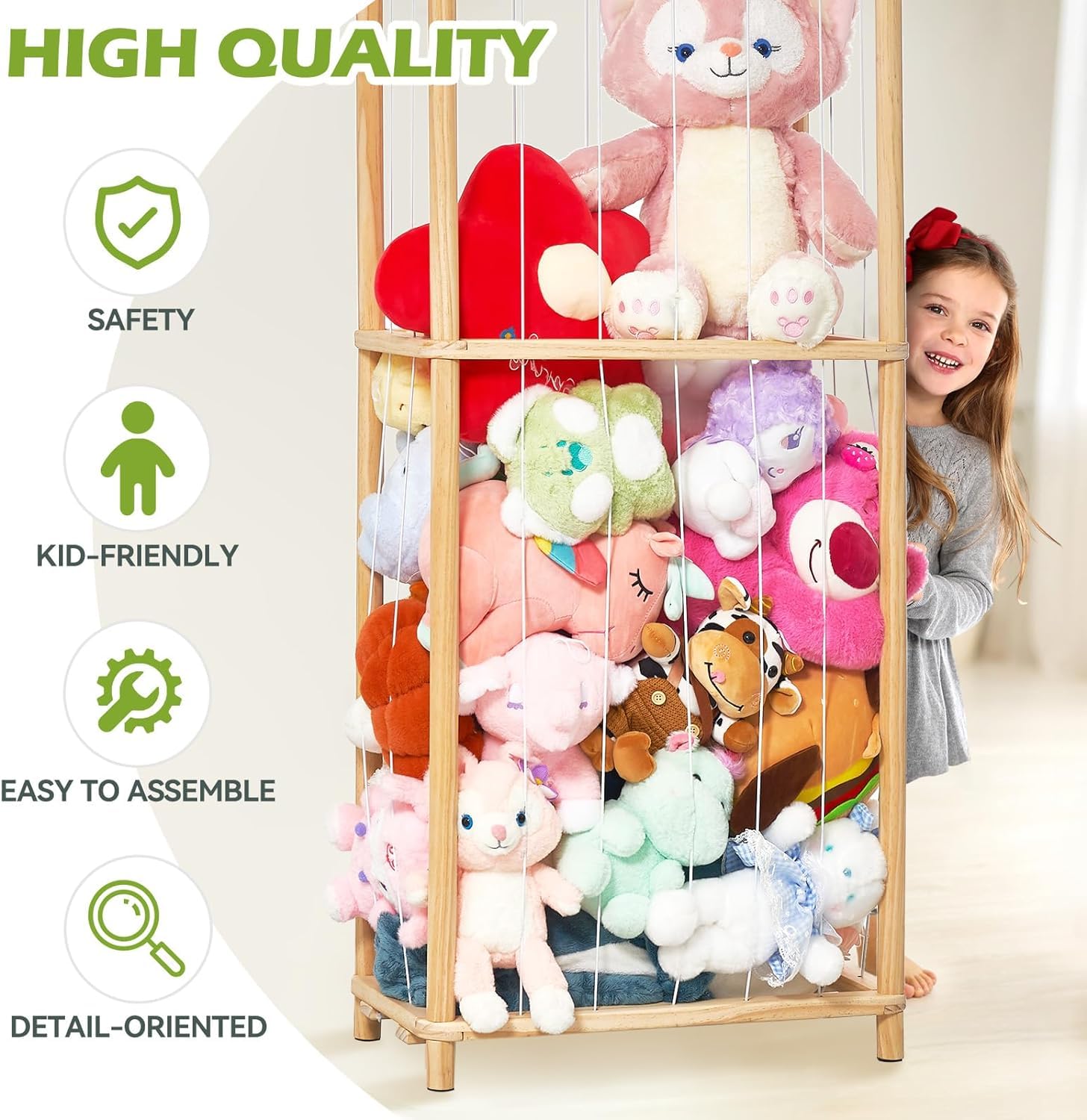 Range-peluches En Bois 136x40x40 Cm – Grande Capacité, Zoo à Peluches, Meuble Rangement Enfant, Montage Facile
