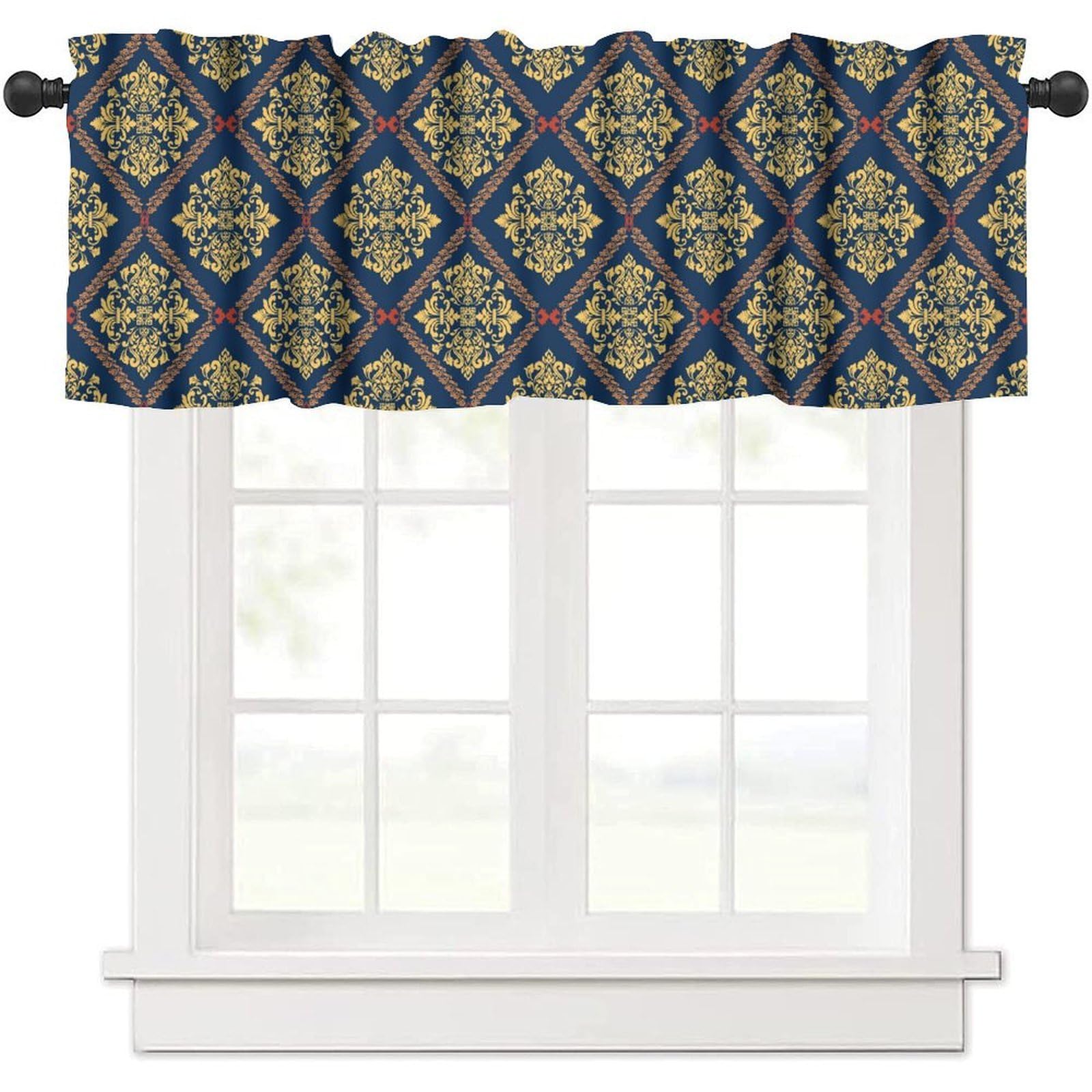moderw Navy Blue Damask Window Curtains Valance, Luxury Gold Damask Floral Royal Victorian Classical Baroque Curtain Valance for Farmhouse Bedroom Living Room Kitchen 54x18inch