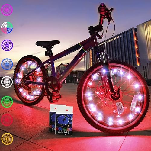 Miniatura 13 de TINANA Paquete de 2 luces LED para rueda de bicicleta, luces ultrabrillantes impermeables para radios de bicicleta, decoración de ciclismo, Púrpura,