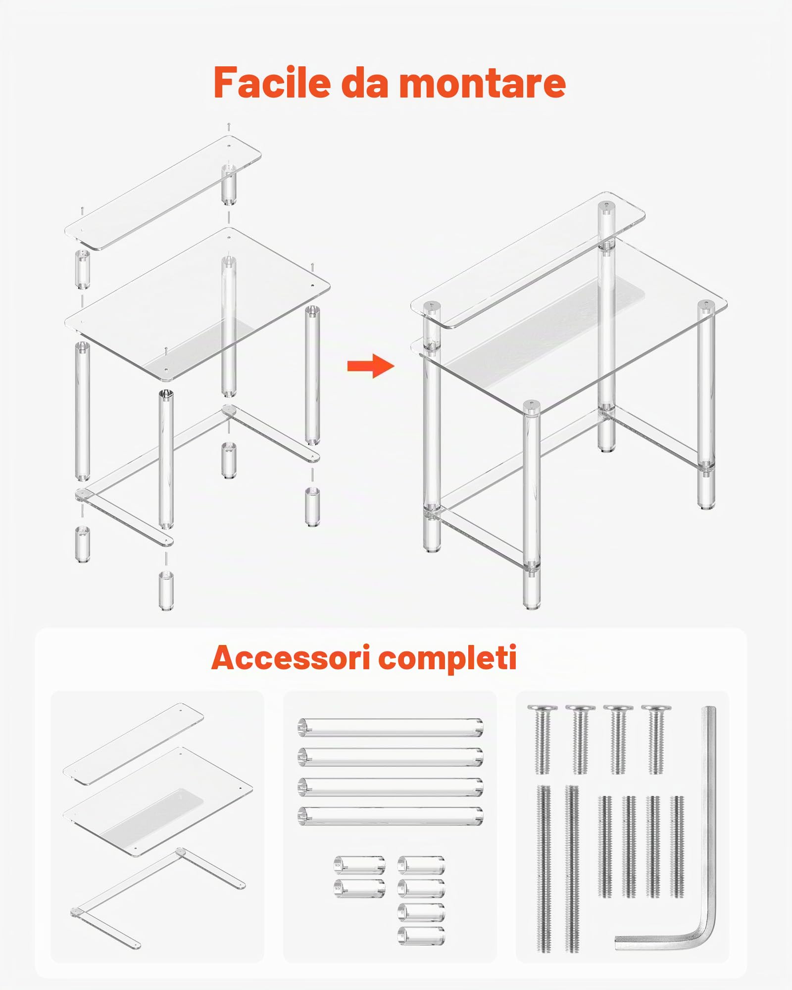 VEVOR Scrivania in Acrilico, Rettangolare a 2 Livelli Capacità di Carico 60 kg, Moderno Tavolino da Computer, per Camera da Letto, Isola Cucina, Ristorante, Ufficio, 50 x 80 x 88 cm, Trasparente