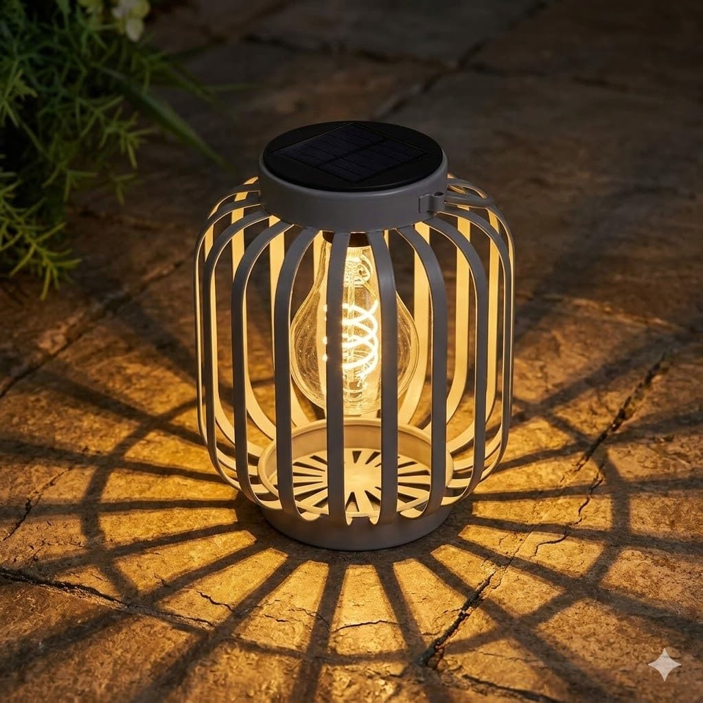 Bloomingtons Direct Grey Solar Led Lamp Outdoor Use, Easy To Use, Automatic On At Dusk Wireless Table Lamp Metal Cage Design, Solar Atmospheric Lighting For Balcony, Porch, Garden Lantern