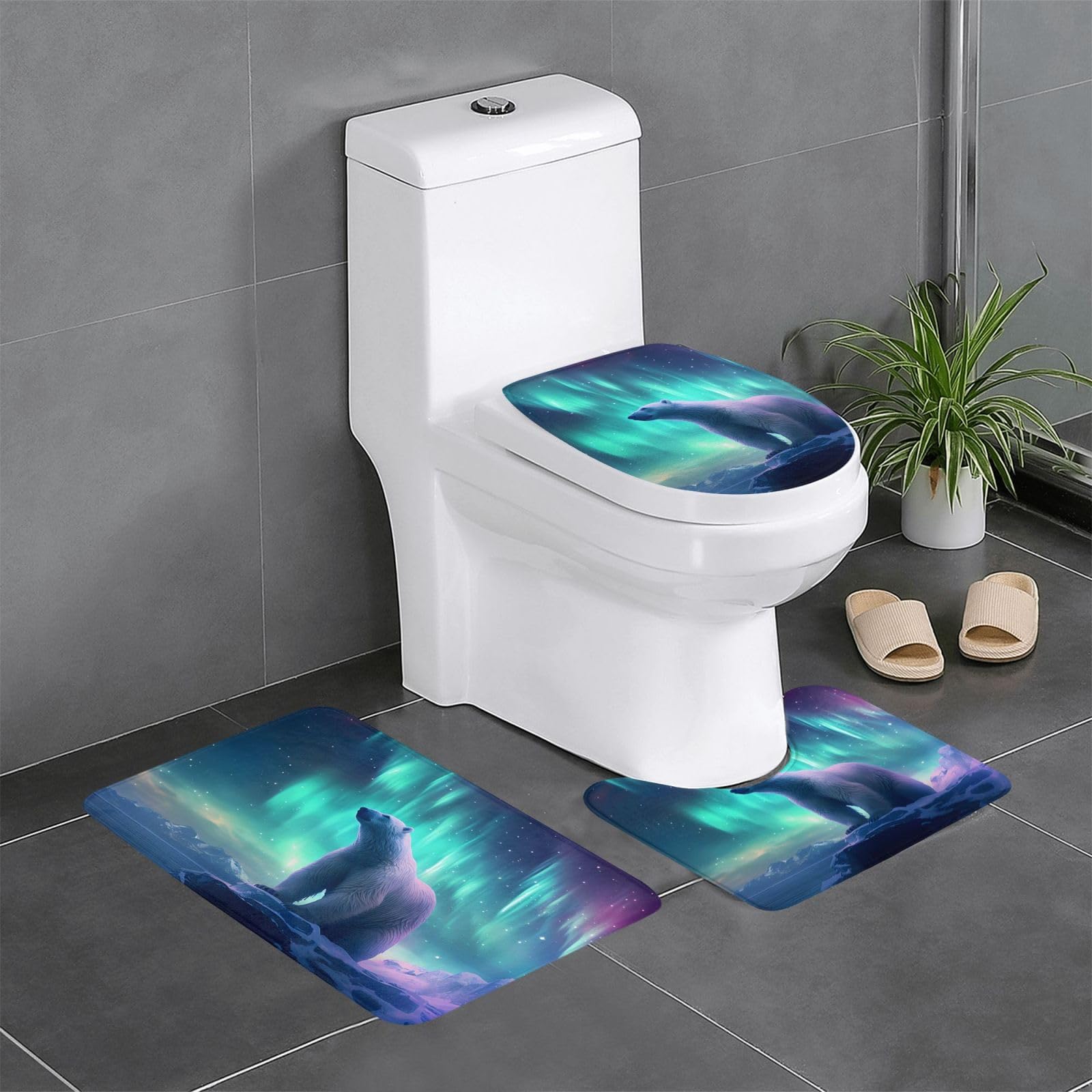 Tapis de salle de bain contour ovale rectangulaire lot 3 pièces motif ours