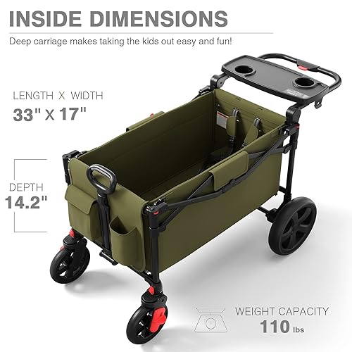 Miniatura 7 de EVER ADVANCED Carro plegable para dos niños y carga, plegable con barra de mango ajustable, toldo extraíble con arnés de 5 puntos, verde