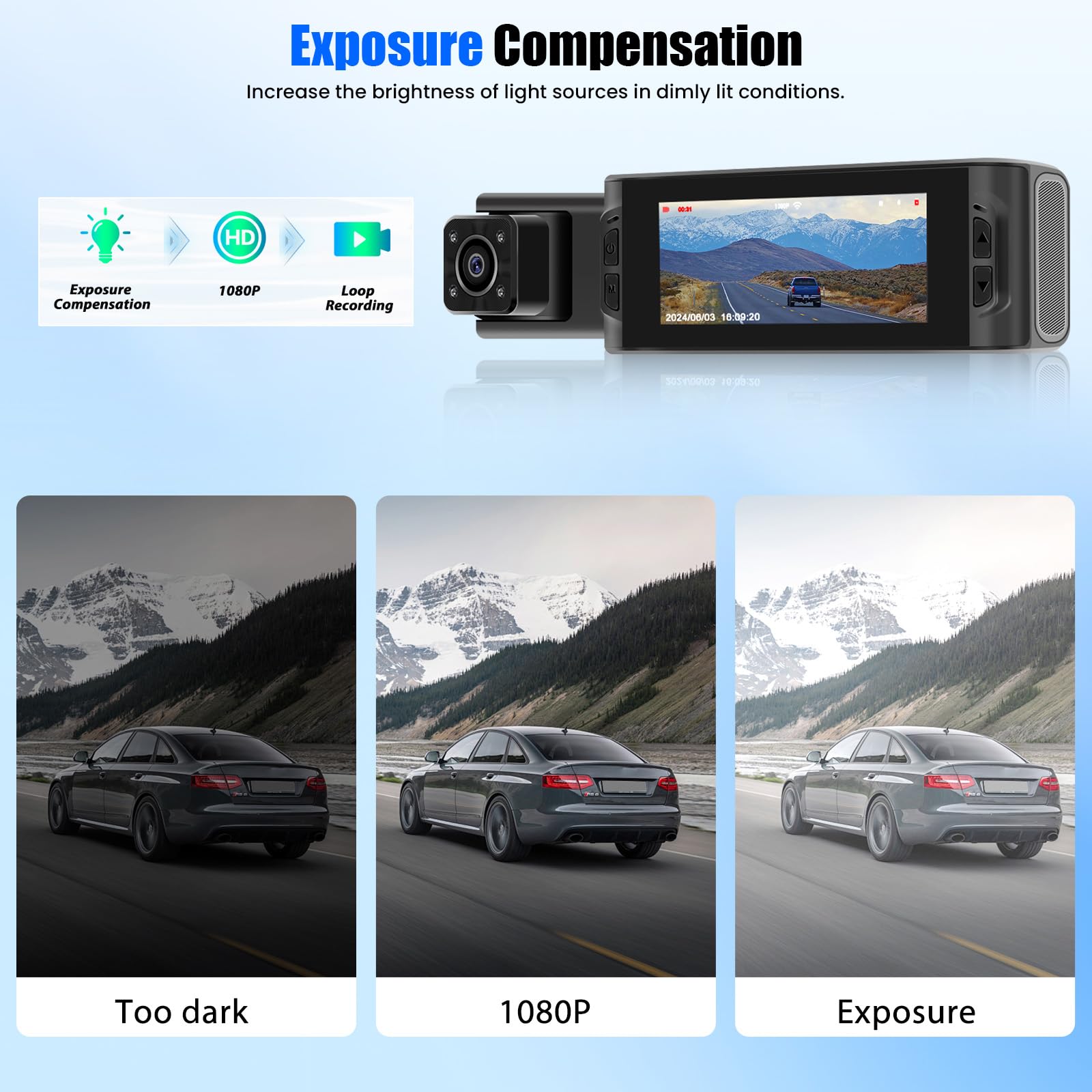 CAMECHO Vision Nocturne Dashcam 1080P kamera samochodowa przód i tył z WiFi 3,16-calowy ekran 2-kanałowa dashcam z nagrywaniem w pętli wykrywaniem ruchu