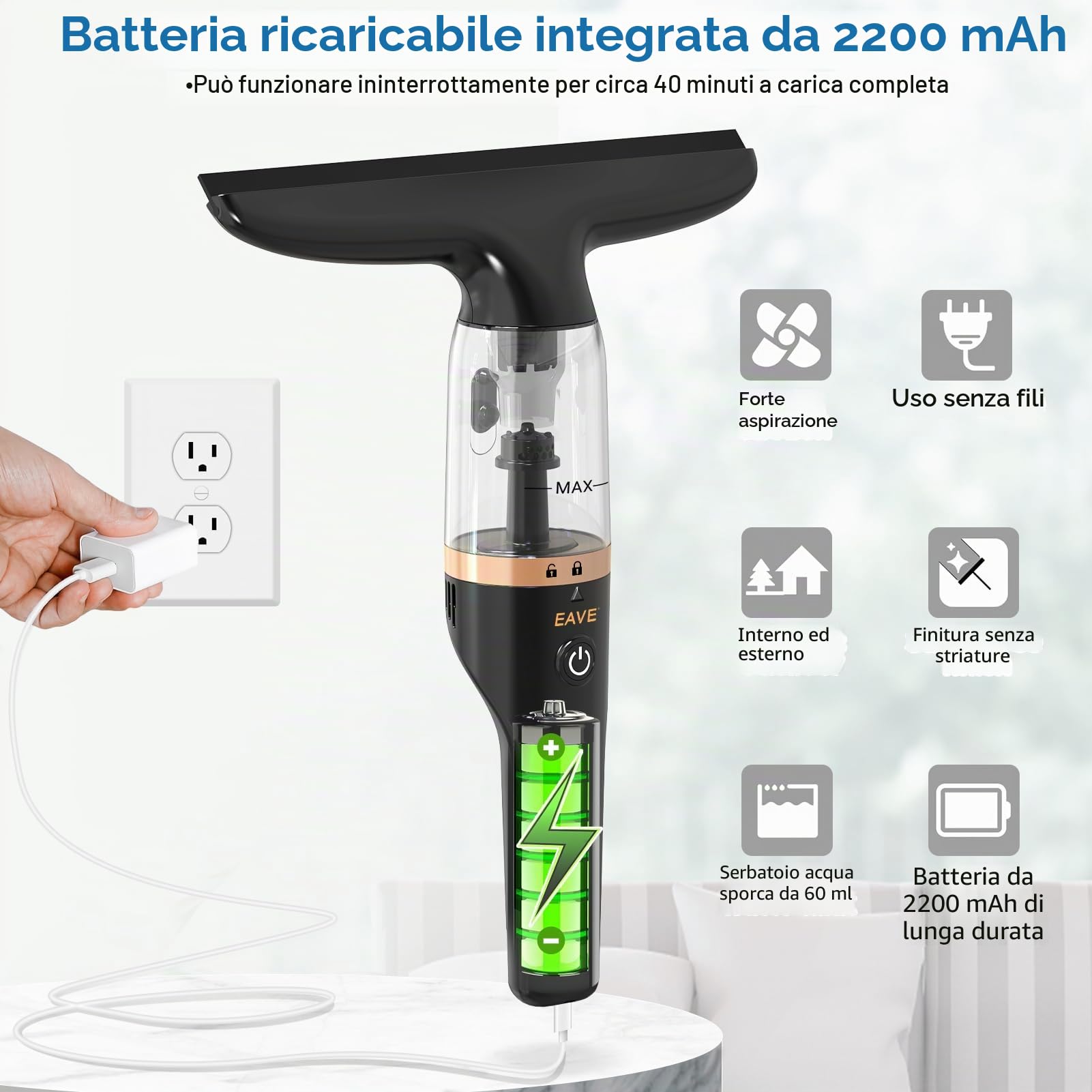Aspiratore, Aspirapolvere per finestre, Lavavetri elettrico Aspiragocce a batteria ricaricabile, kit di pulizia elettrico per finestre con serbatoio d'acqua da 60 ml con flacone spray