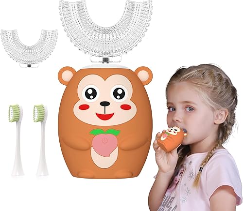 Cepillo de dientes eléctrico en forma de U para niños de dibujos animados con 4 cabezales de cepillo, limpieza completa de 360 grados, cepillo de