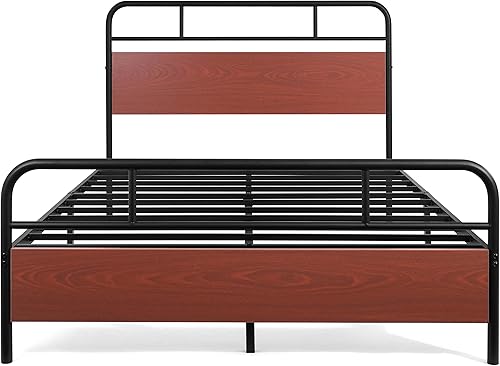 Miniatura 8 de CAPHAUS Marco de cama de metal de esquina redonda con cabecera y estribo de madera modernos base de colchón cama de plataforma de metal con marco de