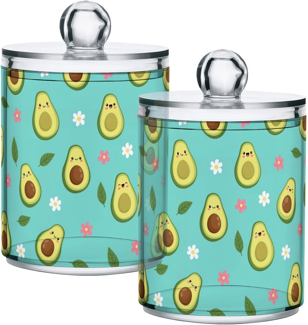 Cartoon Avocado Floral Print Bathroom Containers Holder with Lids Set Clear Jars 2 Pack Plastic Makeup Storage Organizer 4.13 x 2.75In for Cotton Swabs Pads Hair Clips