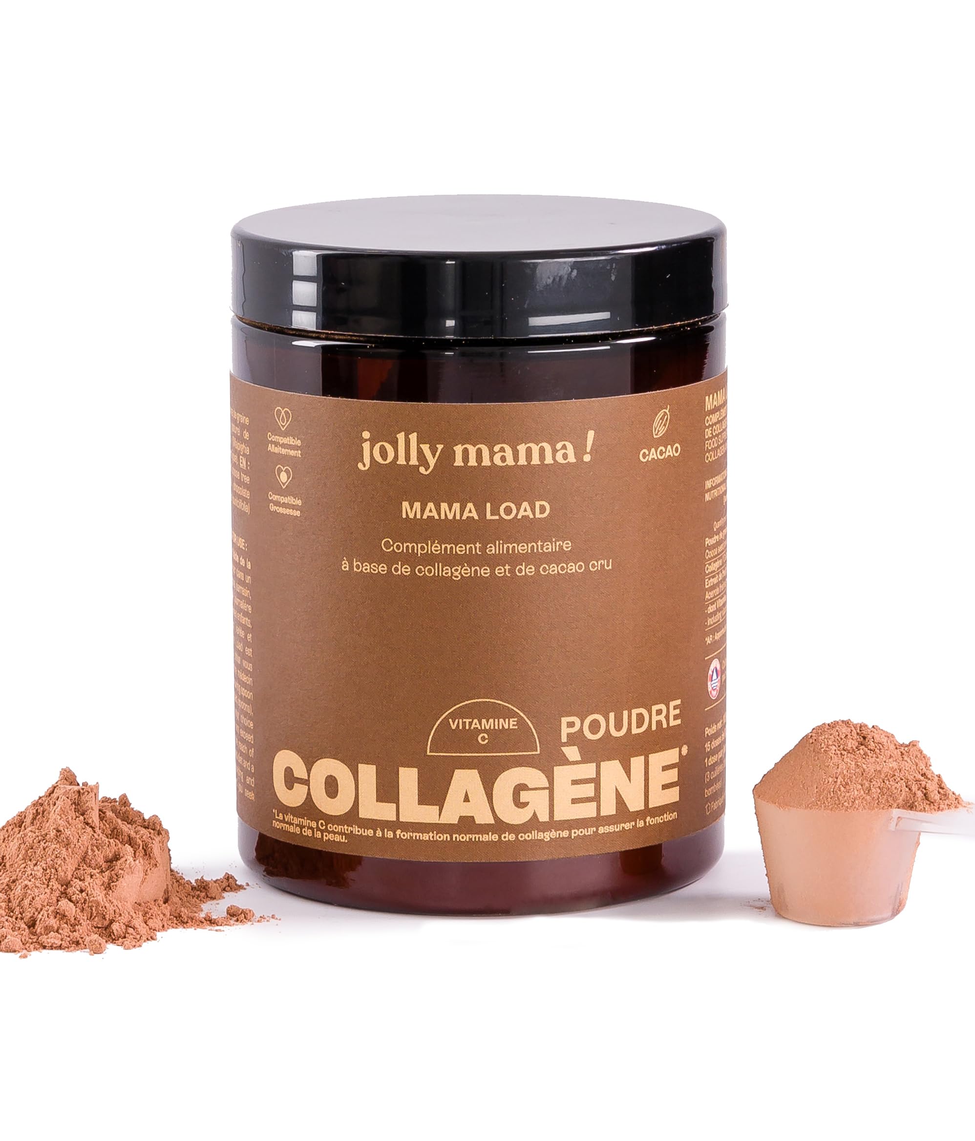Jolly mama! Mama Load | Poudre à Boire, Collagène Marin au Cacao | Enrichi en Vitamine C | Peau & Cartilage | Sans Gluten | Compatible Grossesse & Allaitement | Fabriqué en France | Pot 112g