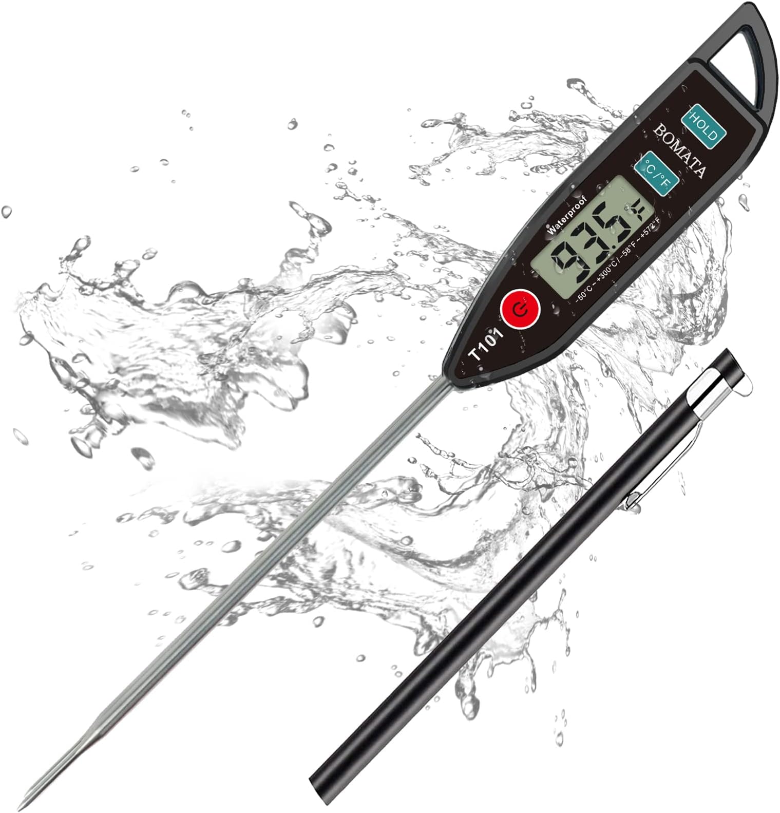 BOMATA Digital Water Thermometer for Water, Liquid, Candle and Cooking. Instant Read Food Thermometer Waterproof IPX7 with Long Probe for Cooking, Meat, BBQ! T101 (Black Color)…
