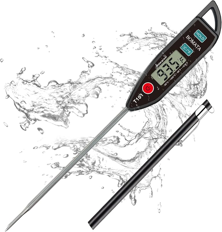 BOMATA Termómetro de agua digital para líquidos, carne, cocción, IPX7 resistente al agua | Termómetro de lectura instantánea para alimentos, sonda de 5 pulgadas de largo para velas, agua, carne y barbacoa. T101 (Color negro)…