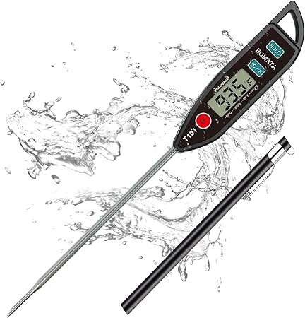 Review BOMATA Waterproof IPX7 Thermometer for Water, Liquid, Candle and Cooking. Instant Read Food Thermometer with Long Probe for Cooking, Meat, BBQ! T101 (Black Color)