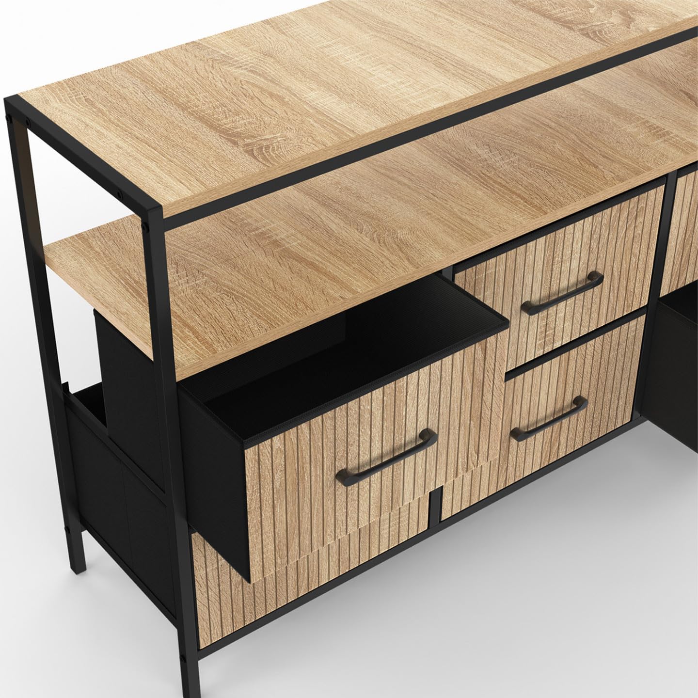 IDMarket - Cómoda con 6 cajones de tela Utah, 115 cm, con nicho efecto lamas, mueble de almacenamiento, diseño industrial